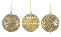 Golden Beaded Ball Ornament Trio