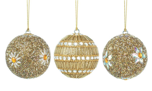 Golden Beaded Ball Ornament Trio